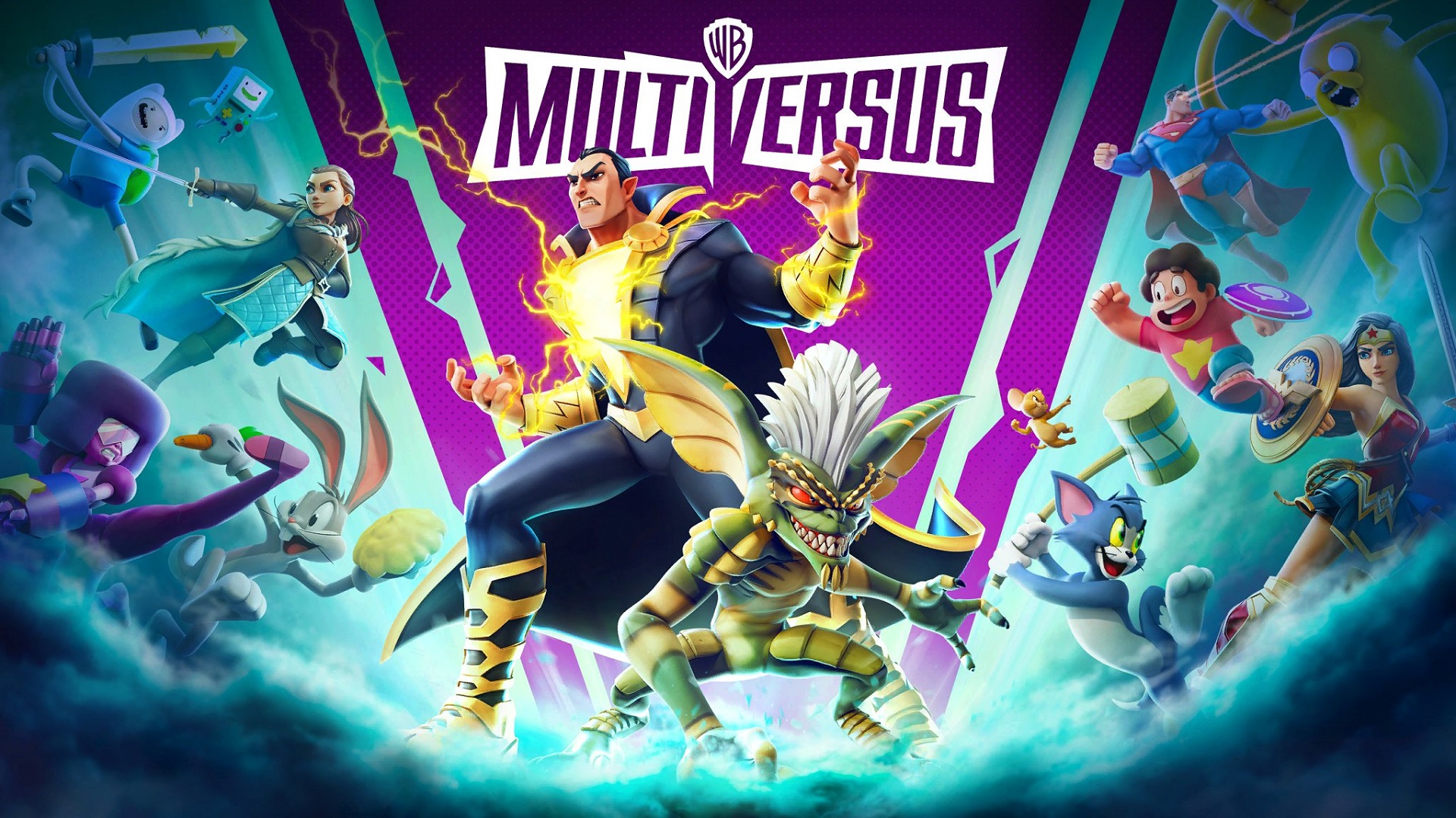 Black Adam and Stripe on the new MultiVersus login screen.