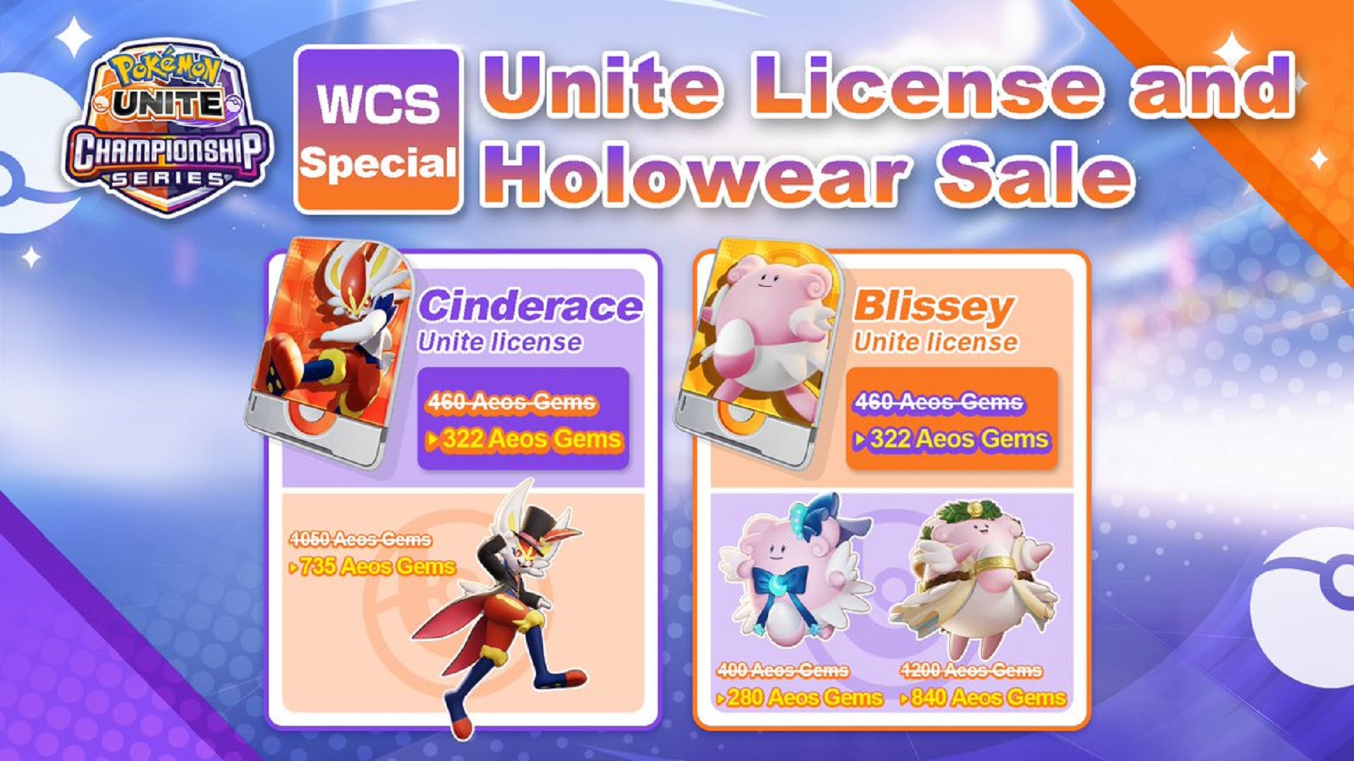 A graphic showcasing discounted Unite Licenses and Holowear for Cinderace and Blissey, based on the Pokémon World Championships winning team.