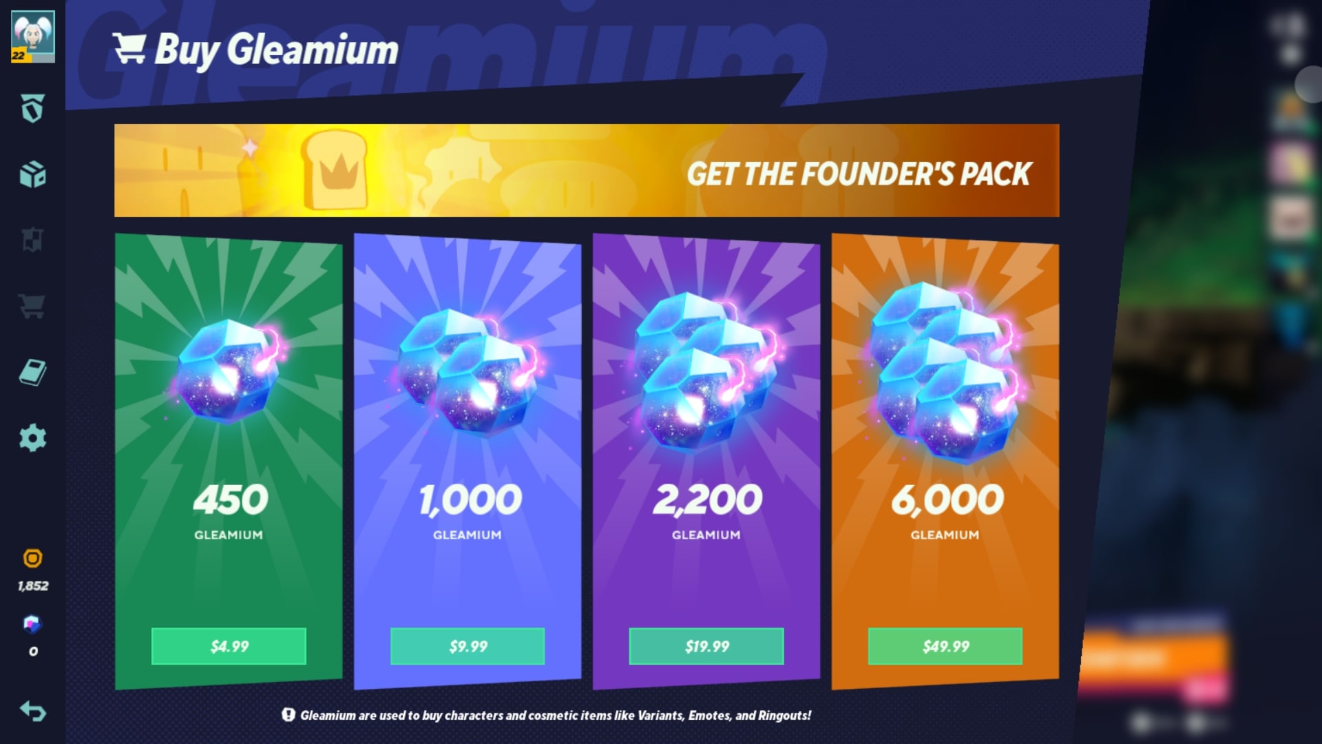 The screen where you purchase Gleamium in MultiVersus.