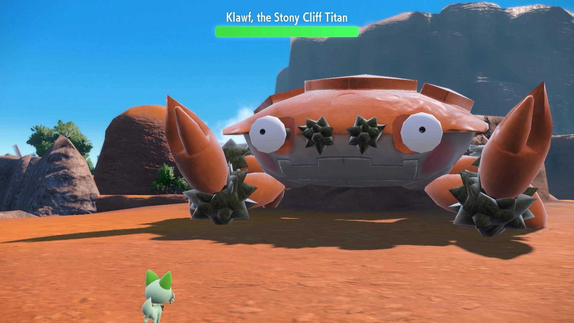 A Klawf boss battle in the Pokémon Scarlet and Violet Treasure Hunt "Path of Legends" story.