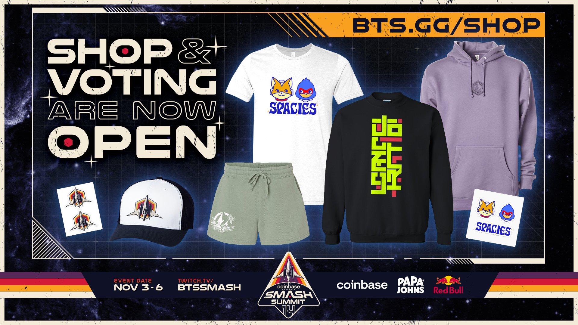 Merch from the Summit voting shop, which voters bought to get vote-ins into Smash Summit 14.
