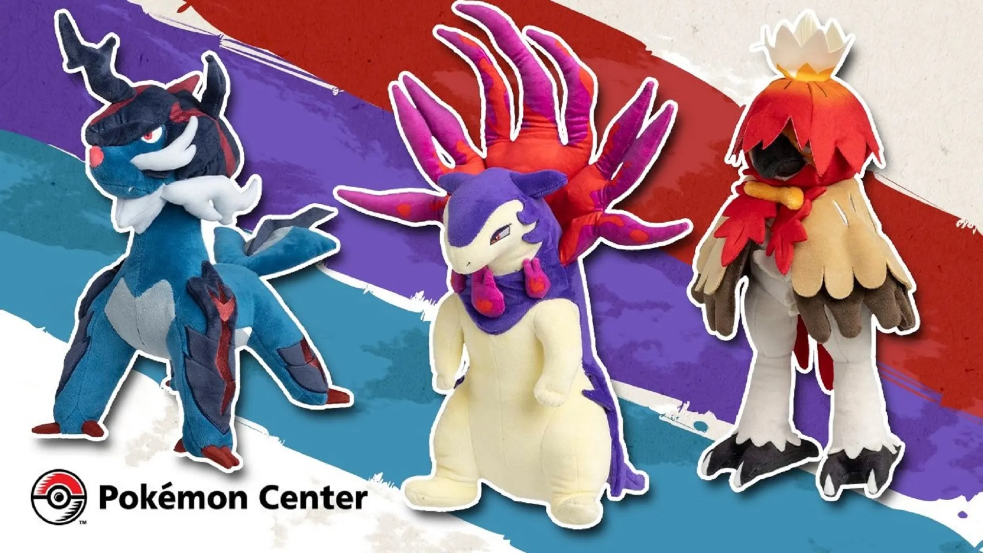 Graphic picturing each of the Hisuian starter plushes