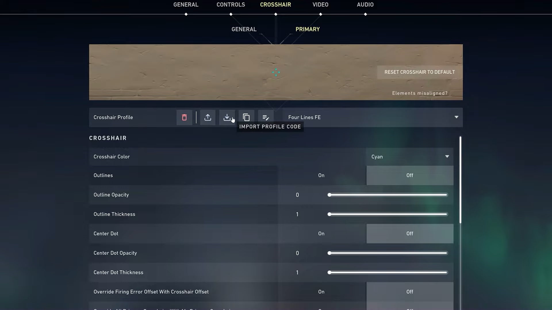 VALORANT crosshair import code screen