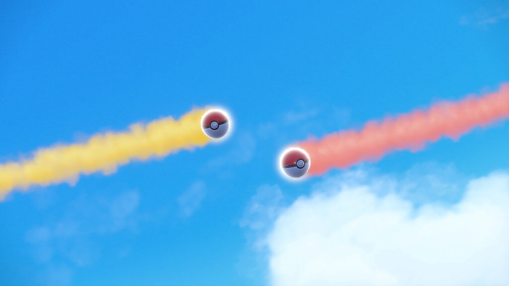 A screenshot of the trade animation in Pokémon Scarlet and Violet.
