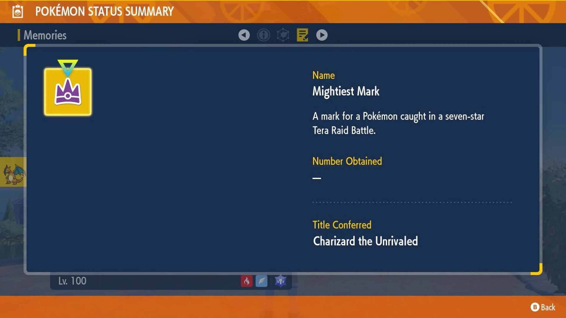Charizard the Unrivaled's information screen