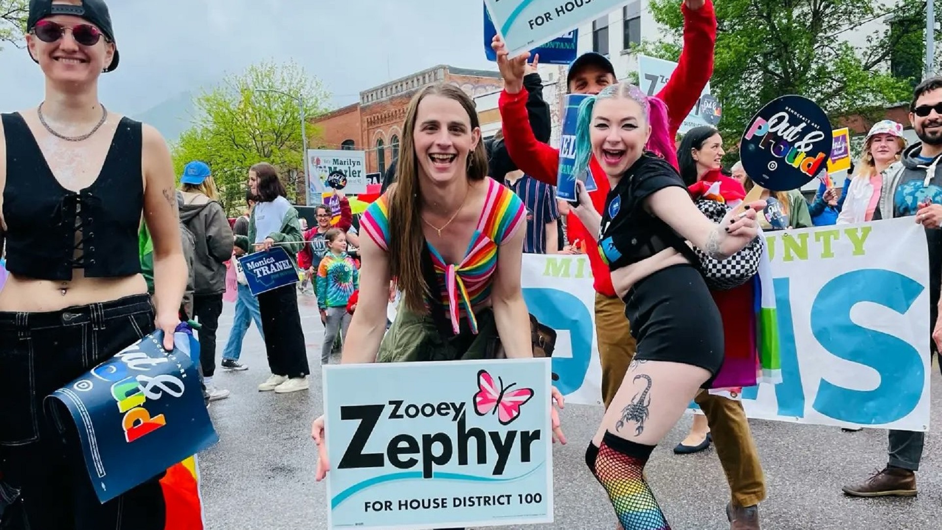 Zooey Zephyr campaigns at Missoula Pride. Zephyr is a former Project M player who was elected to the Montana state legislature.