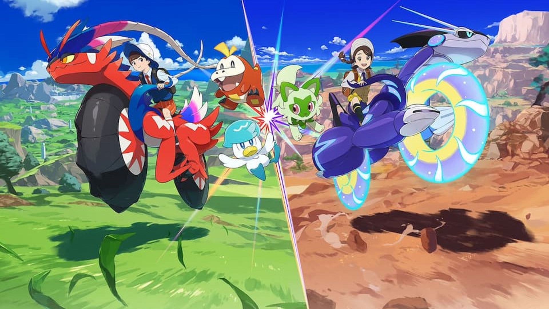 Trainers riding Koraidon and Miraidon, which is one of the differences between Pokémon Scarlet and Violet.