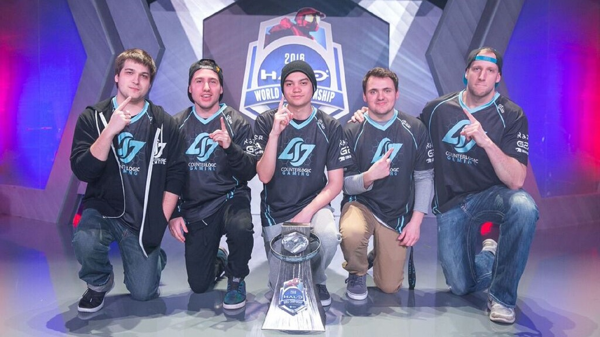 CLG pose with their trophy after winning the Halo World Championship 2016
