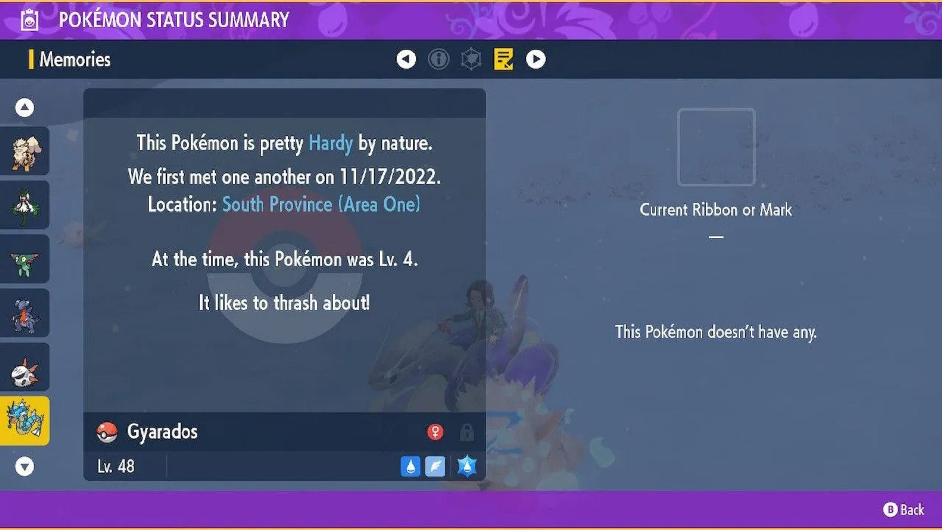 Memories page in Pokémon Scarlet and Violet, where trainers can view Natures