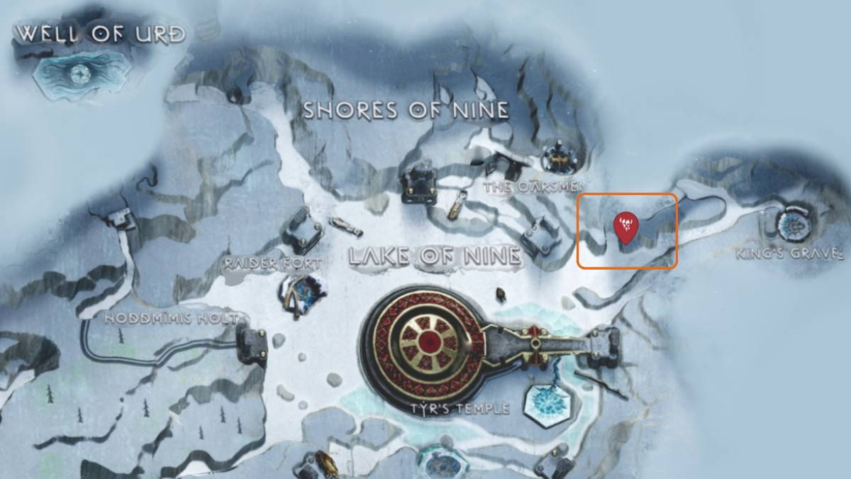 Map location of the Draugr Hole in Lake of Nine in God of War Ragnarök
