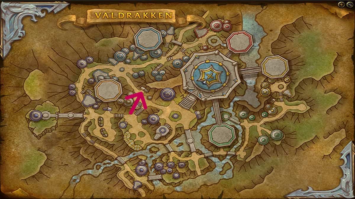 Map of Valdrakken with arrow pointing to PVP vendors in WoW Dragonflight