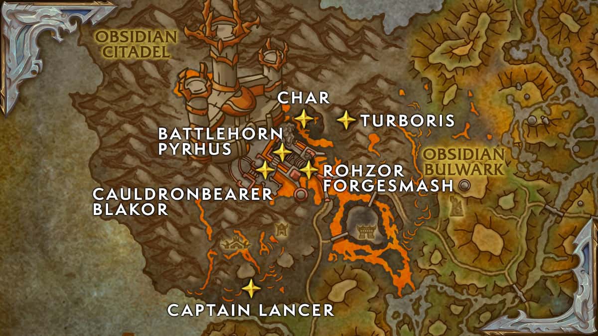 The map of The Waking Shores showing super rares around Obsidian Citadel