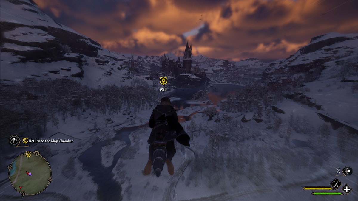 Approaching Hogwarts in Hogwarts Legacy while using a broom.