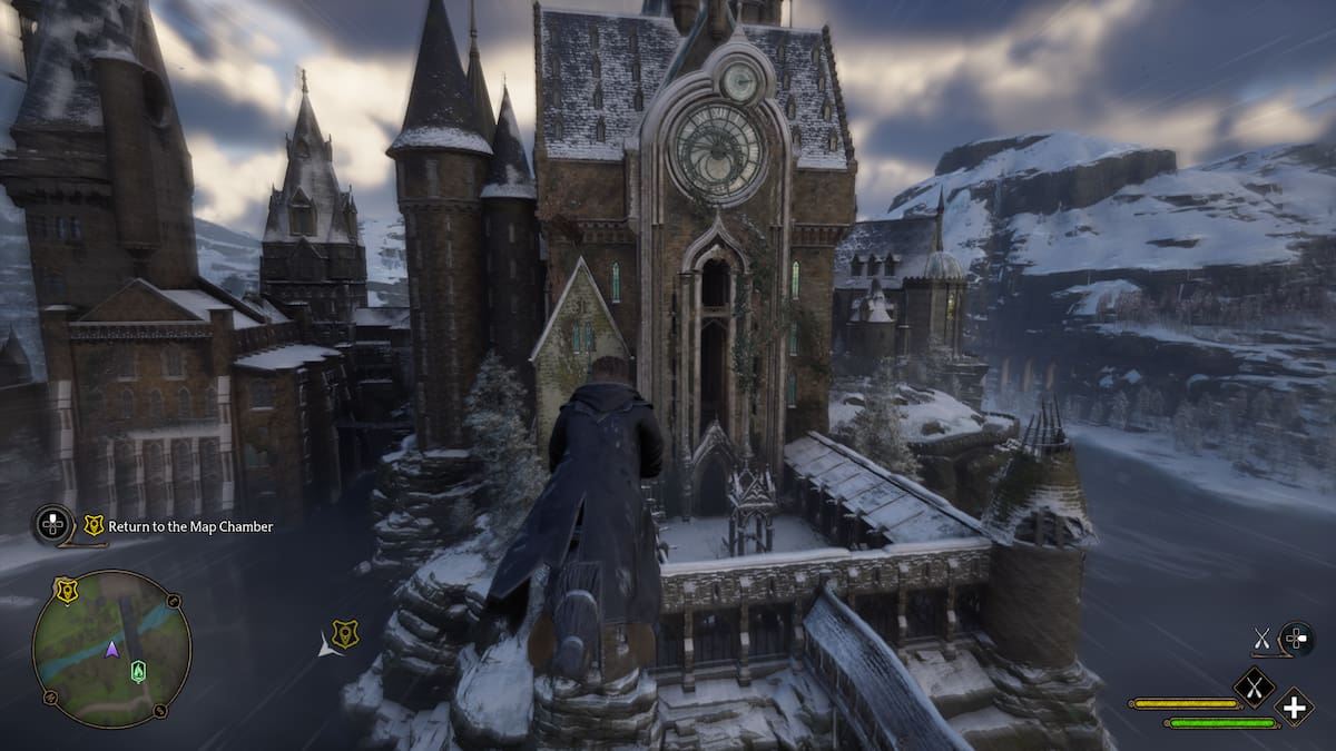 In the Hogwarts Courtyard in Hogwarts Legacy while flying on a broom