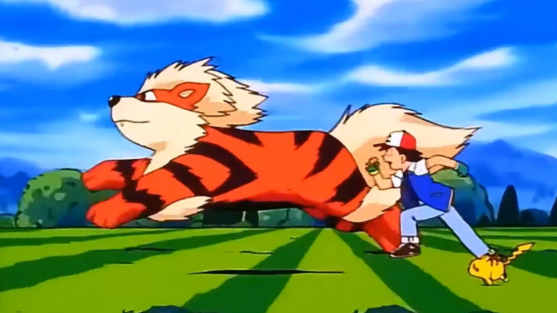 Ash runs with Pikachu and Arcanine