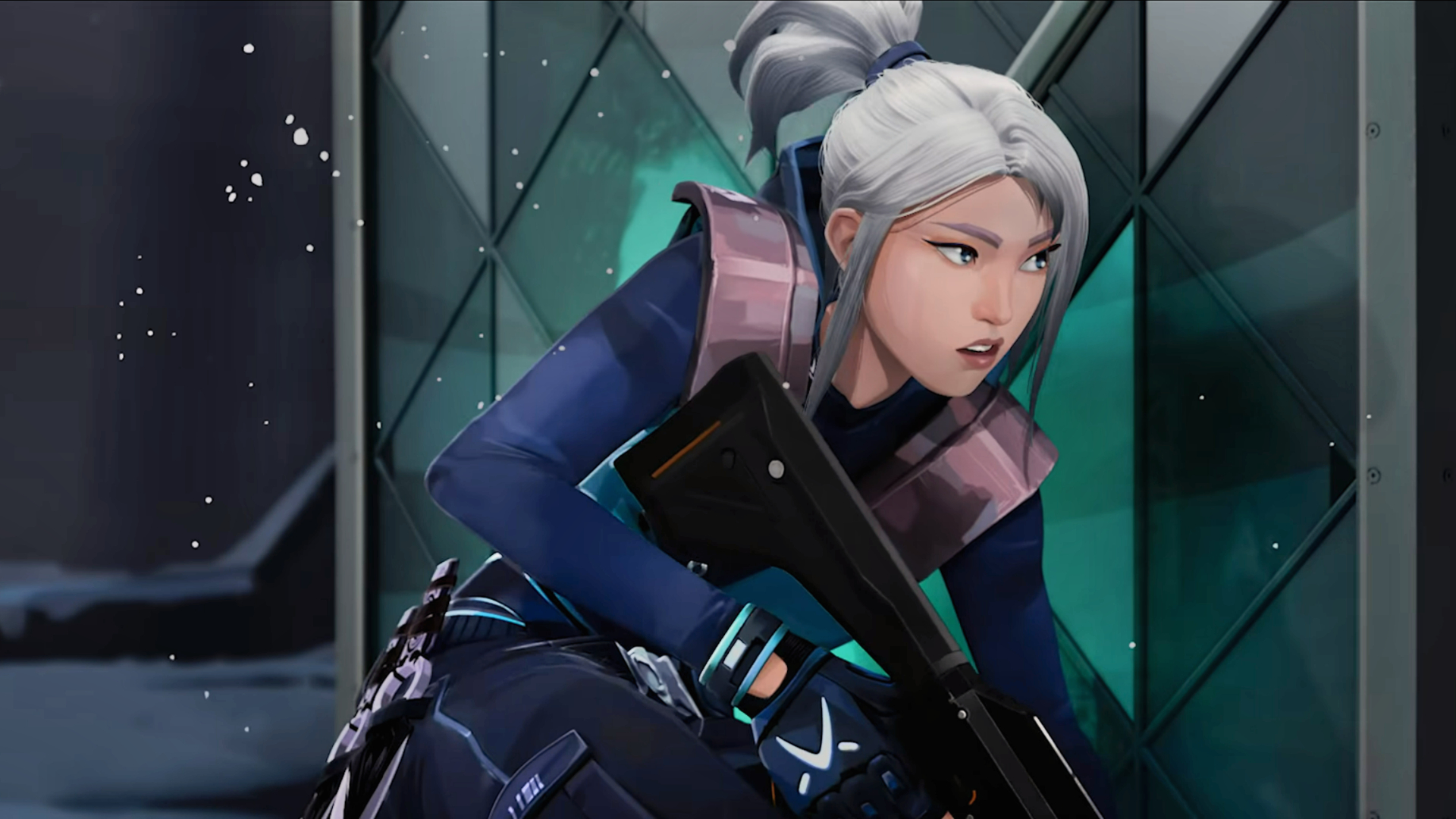 Jett from VALORANT in cover. From the RETAKE cinematic.