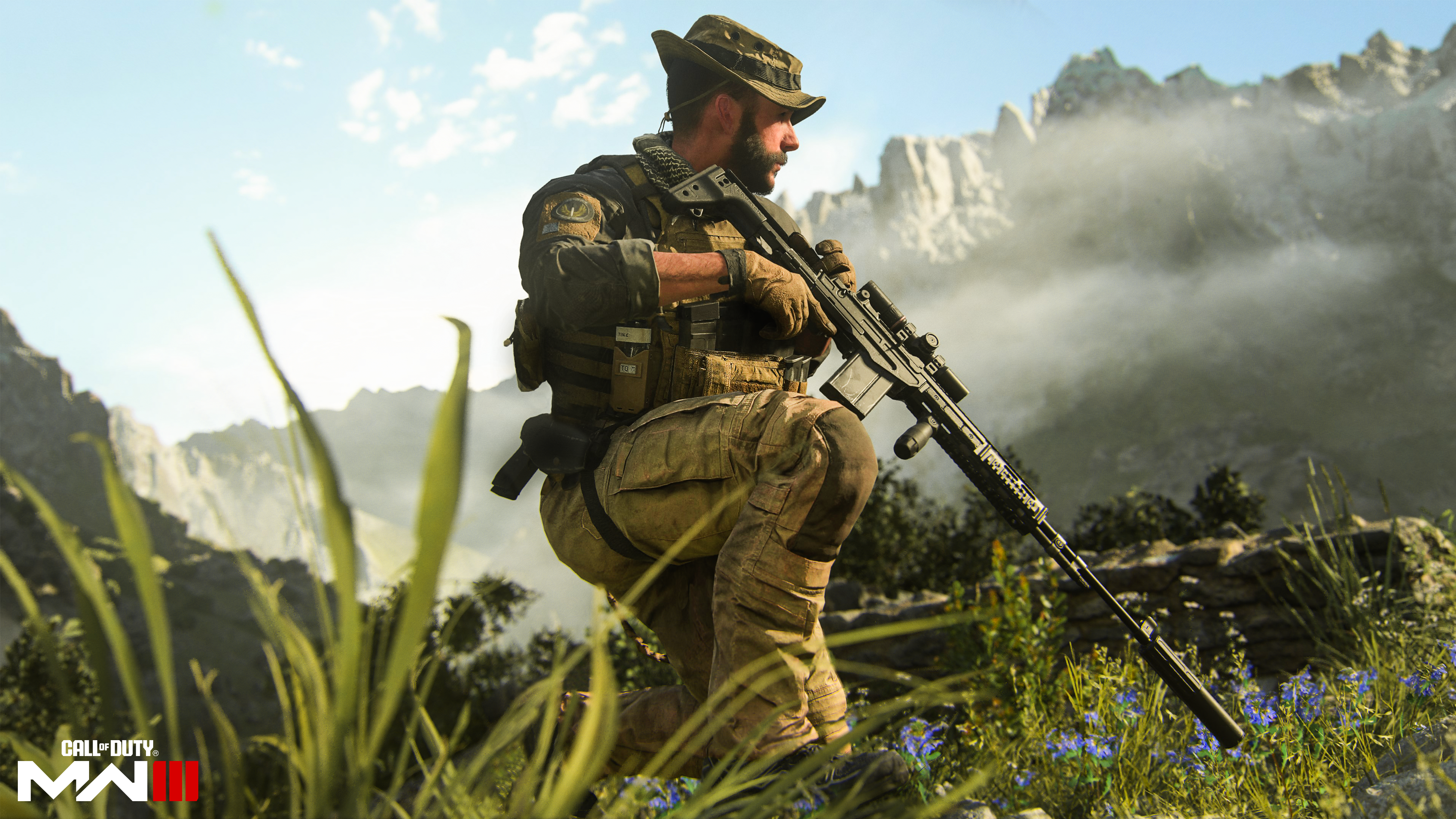 Captain Price, kneeling in grass, holding a weapon