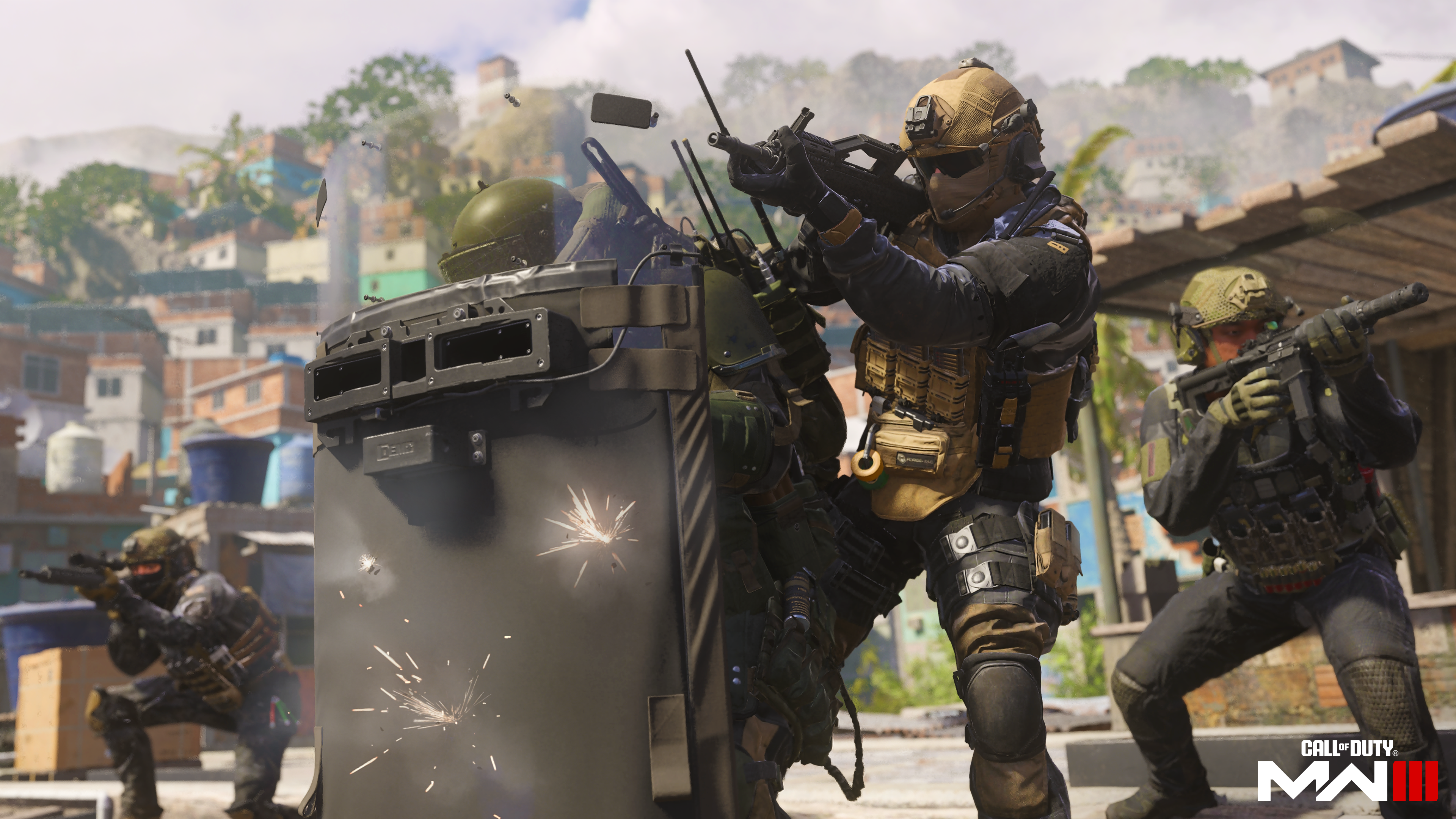 An MW3 player hiding behind a riot shield.