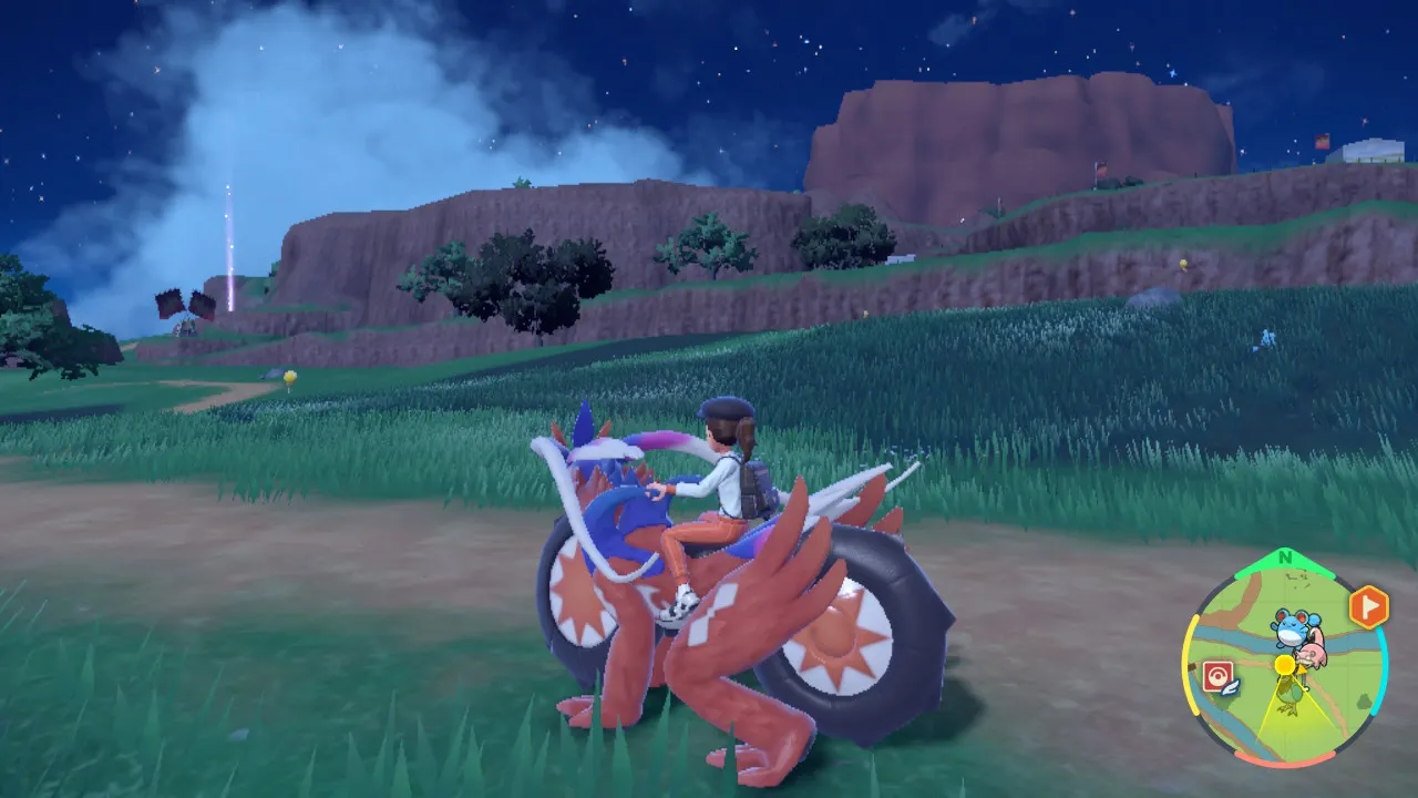 A Pokemon Scarlet and Violet player riding on top of the Pokemon Koraidon out in the wild grassy fields.