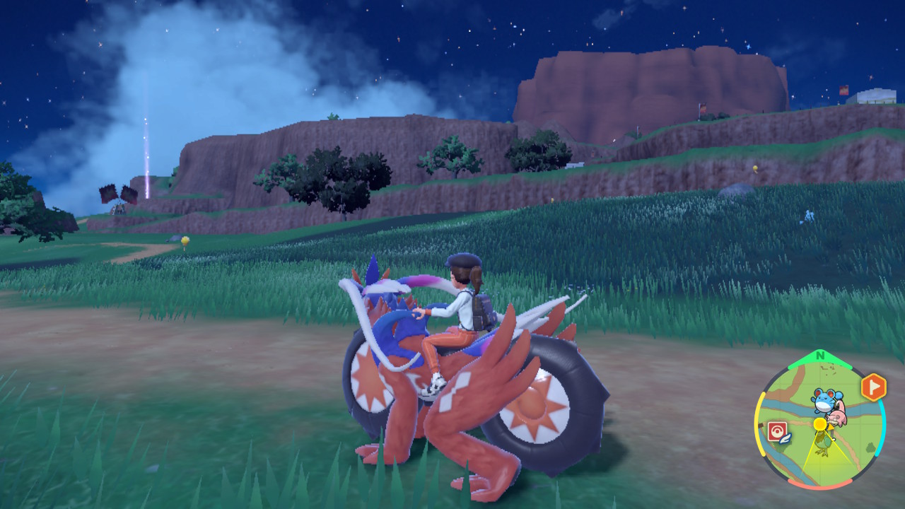 A Pokemon Scarlet and Violet player riding on top of the Pokemon Koraidon out in the wild grassy fields.