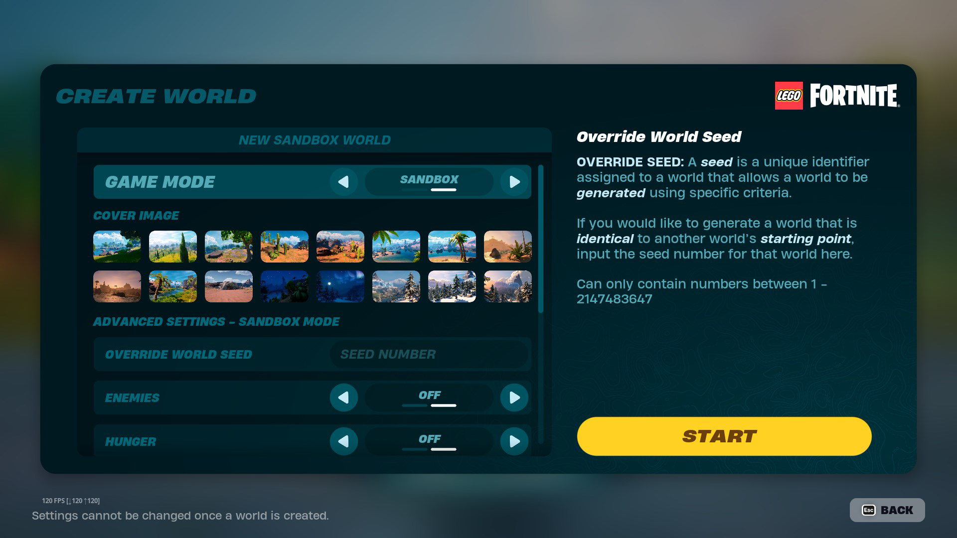 LEGO Fortnite's Create World menu, with Sandbox selected as the Game Mode. 