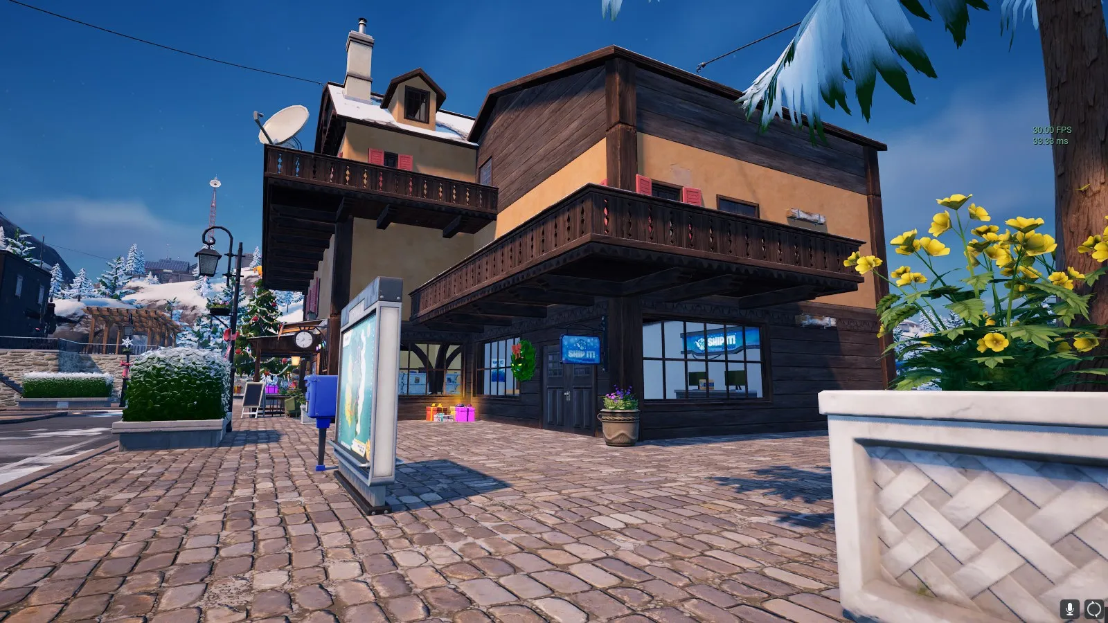 A Brown wooden building in Fortnite, with a Ship It! logo on a sign outside. 