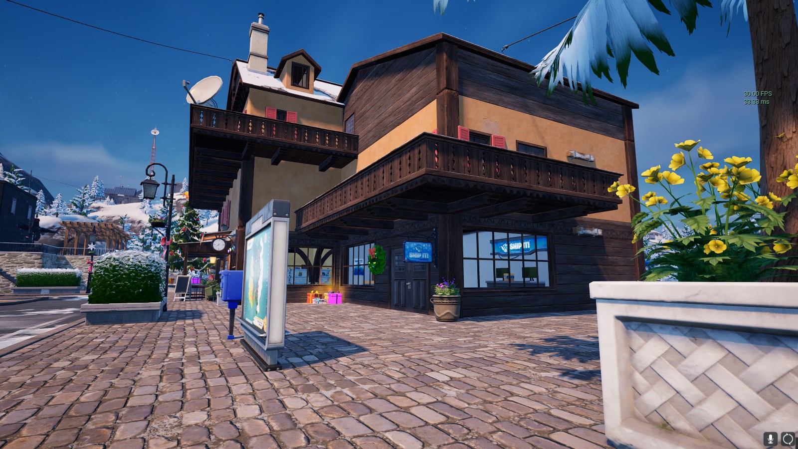 A Brown wooden building in Fortnite, with a Ship It! logo on a sign outside. 