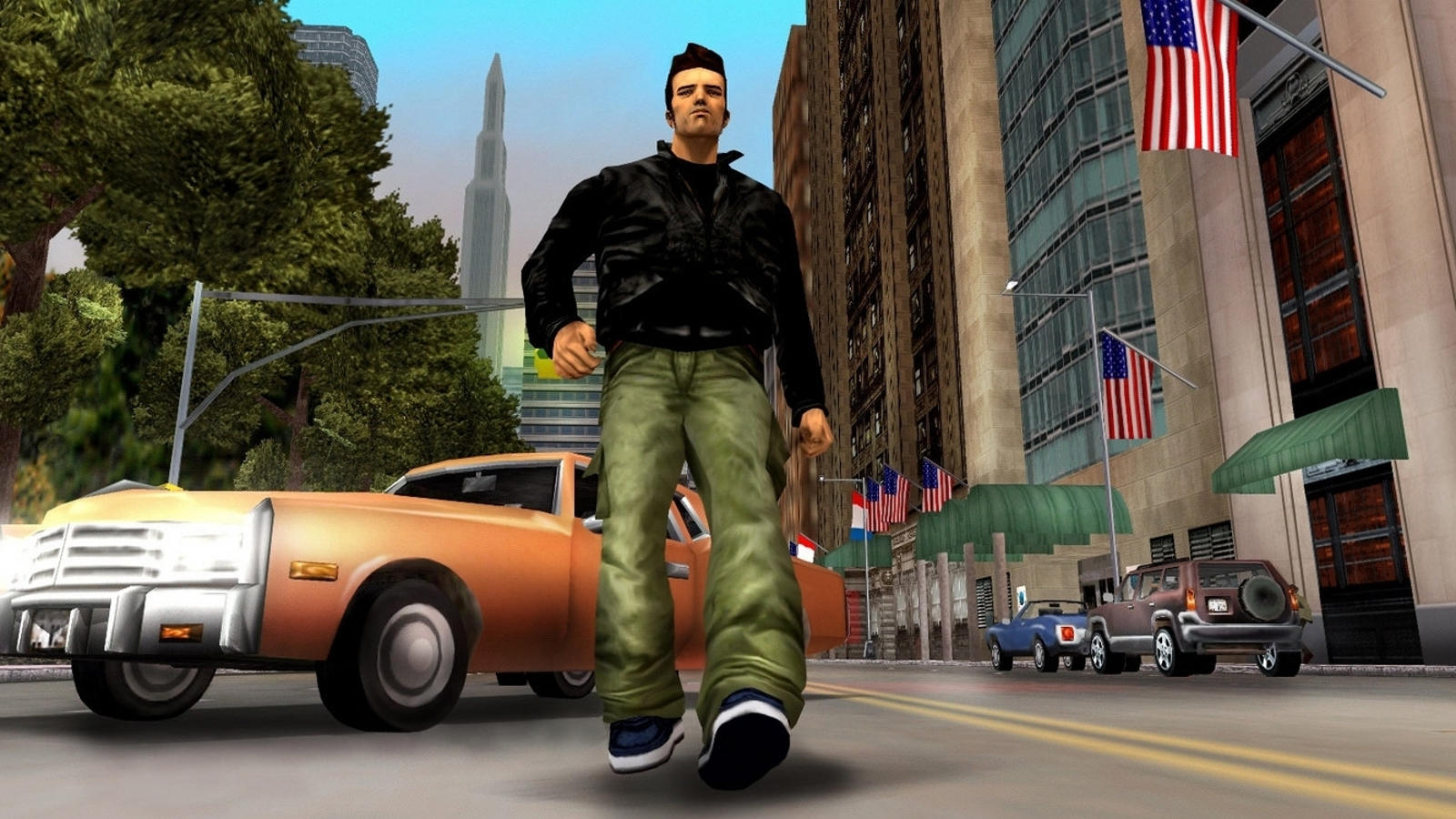 Claude, wearing green trousers and a black top, walking away from an orange car in Liberty City