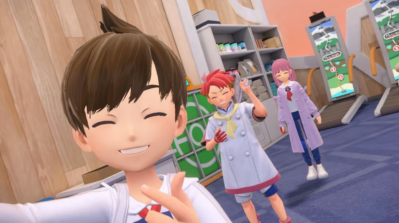 Pokemon characters taking selfies holding items in a lab. 