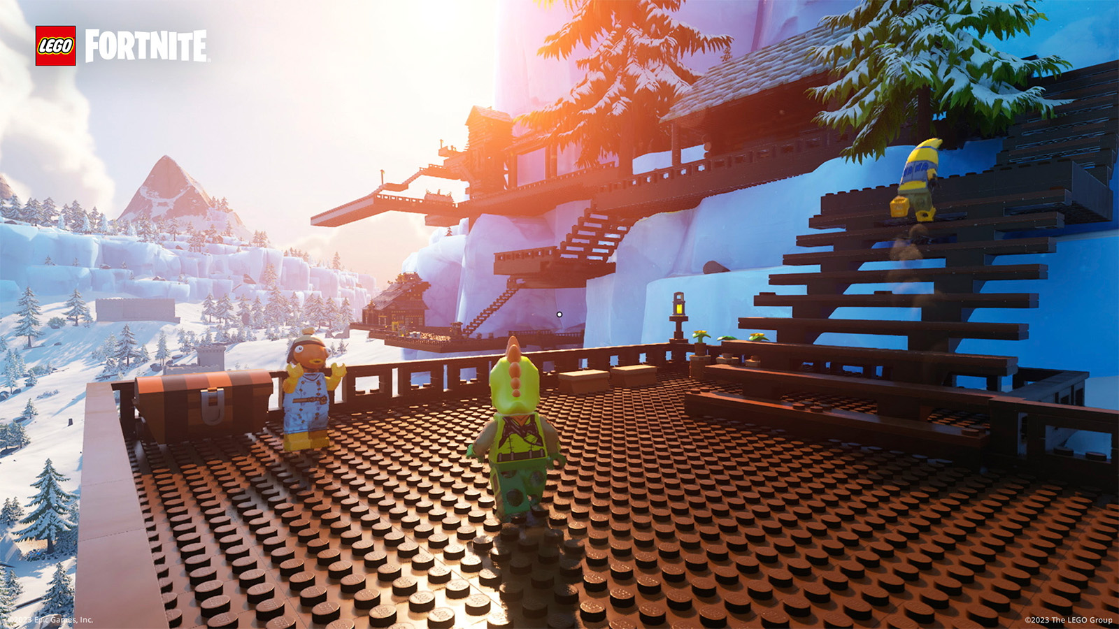 LEGO Fortnite characters standing a wood platform beside an large mountain covered in ice.