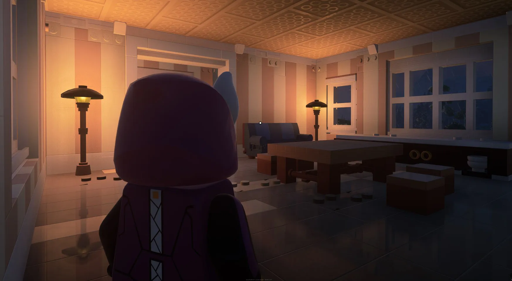 A LEGO Fortnite character looking at a room with a table, chairs, sofa, two lamps, and two cupboards.
