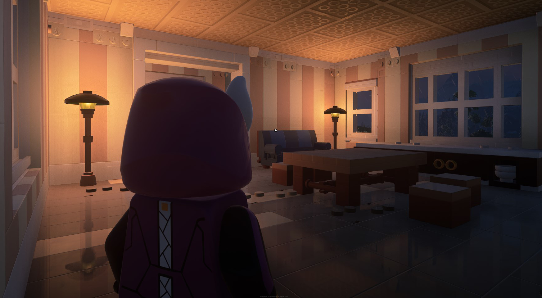 A LEGO Fortnite character looking at a room with a table, chairs, sofa, two lamps, and two cupboards.