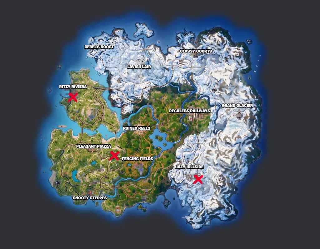 A map showing the Fortnite map, with x's marking the location of Ship It! Express buildings near Hazy Hillside, Pleasant Piazza, and Ritzy Riviera. 