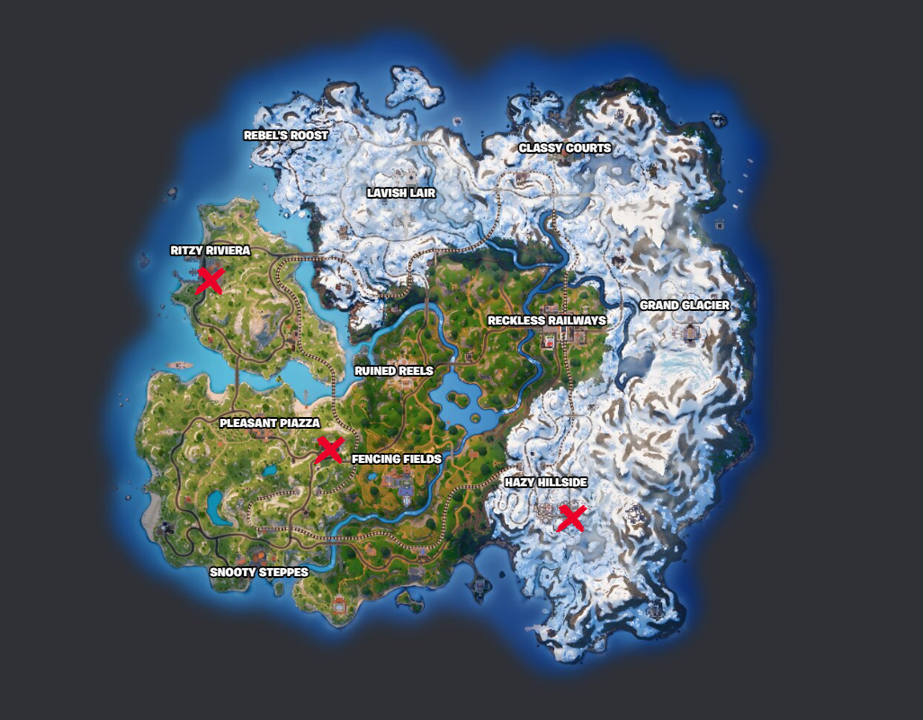 A map showing the Fortnite map, with x's marking the location of Ship It! Express buildings near Hazy Hillside, Pleasant Piazza, and Ritzy Riviera. 