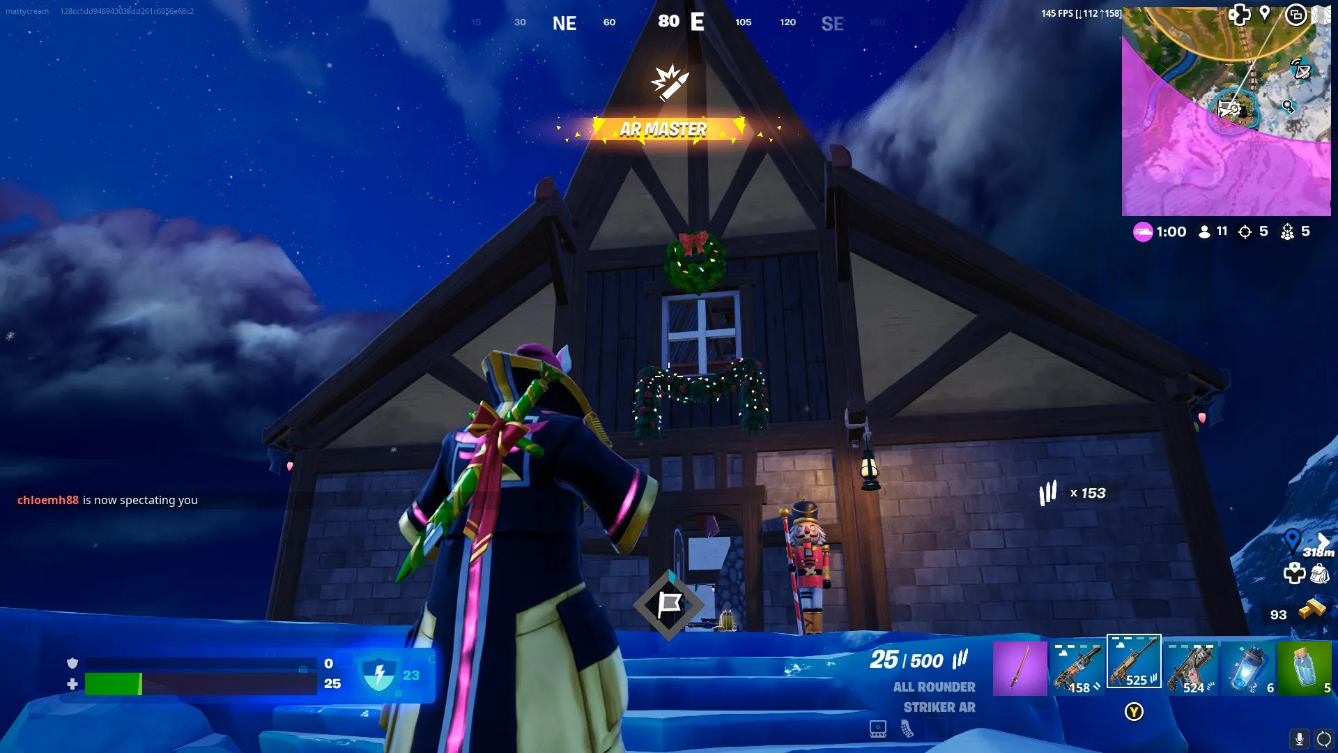 A Fortnite character standing outside a wooden cabin, covered in Christmas decorations.