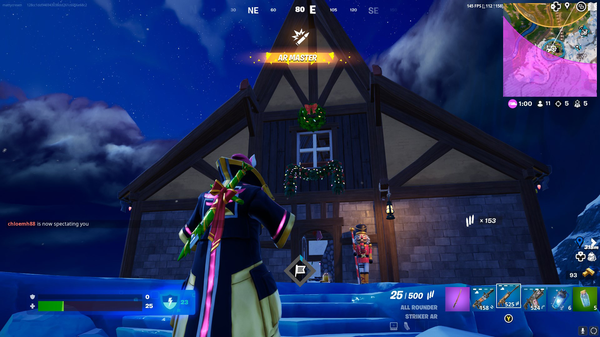 A Fortnite character standing outside a wooden cabin, covered in Christmas decorations.