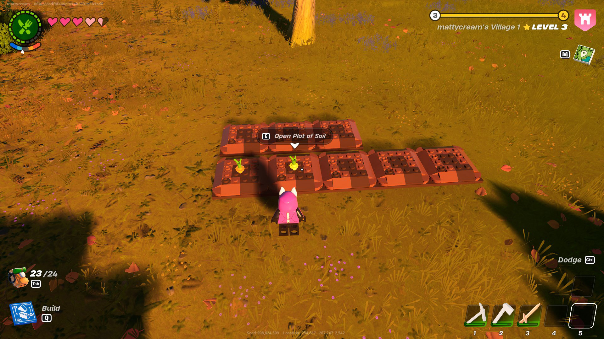 A LEGO Fortnite character standing beside Garden Plots that have seeds growing in them.