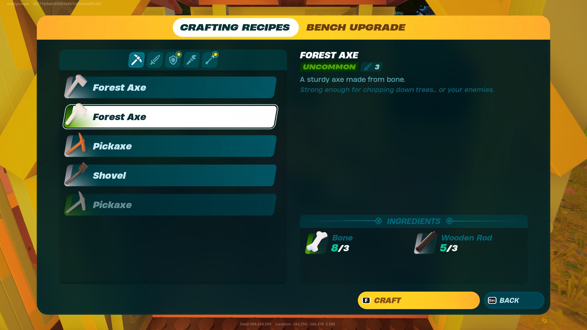 LEGO Fortnite's Crafting Recipes screen, 