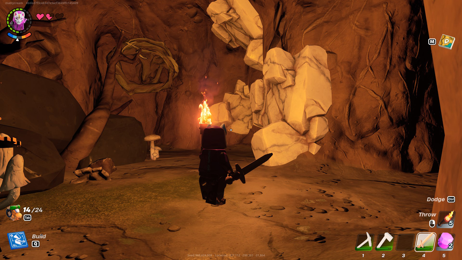 A LEGO Fortnite character looking at marble on the wall of a cave. 