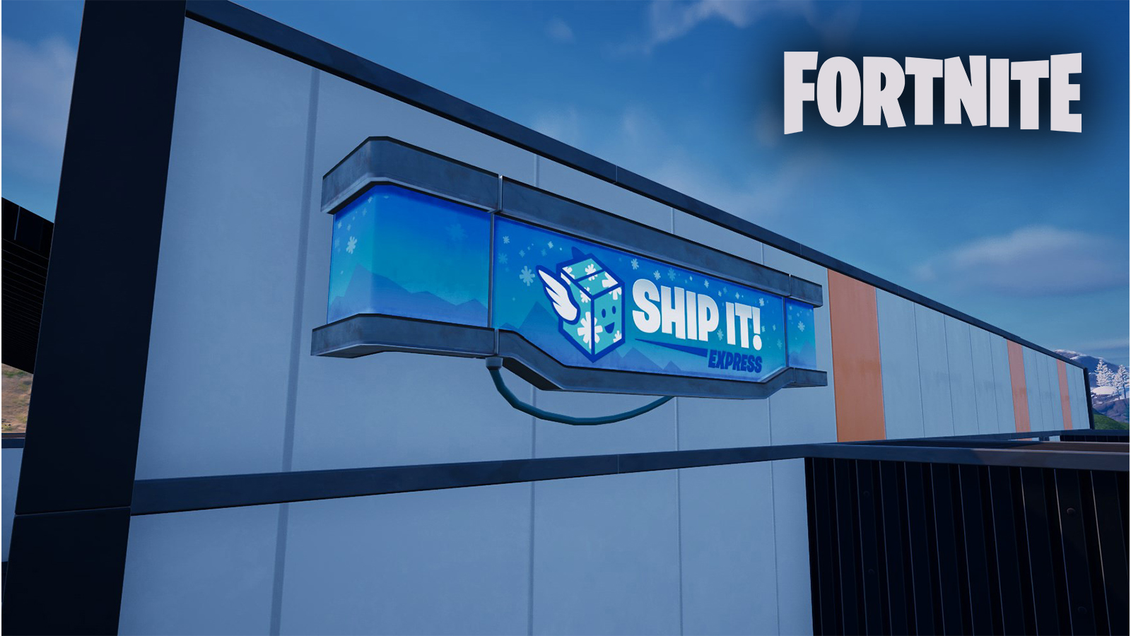 A blue Ship It! Express sign on a white building in Fortnite