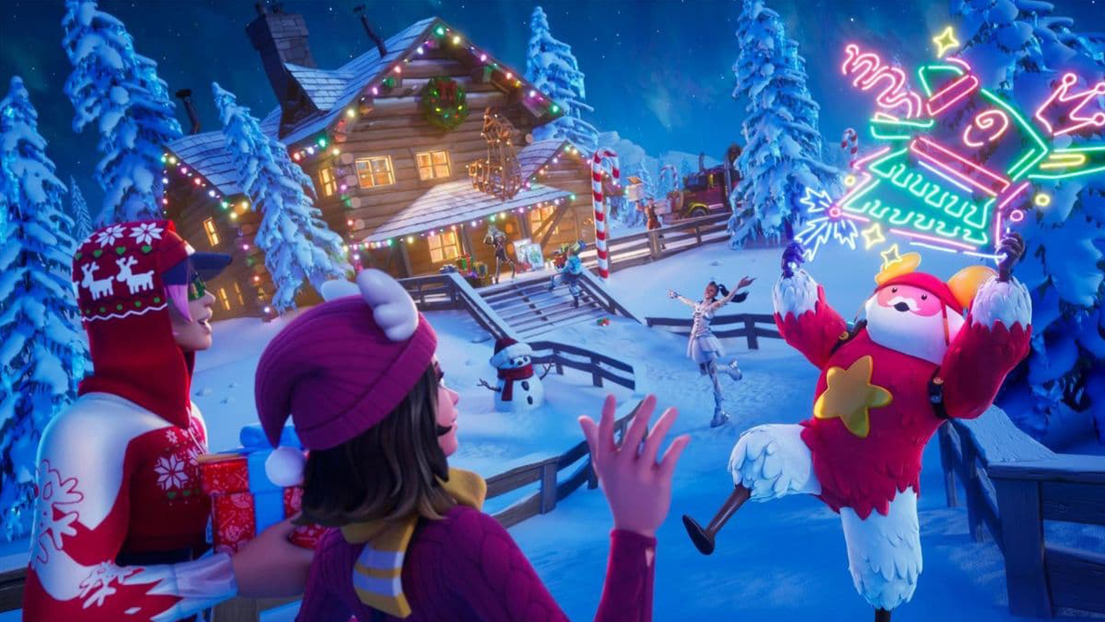 Fortnite characters dancing outside of a log cabin, holding a neon sign.