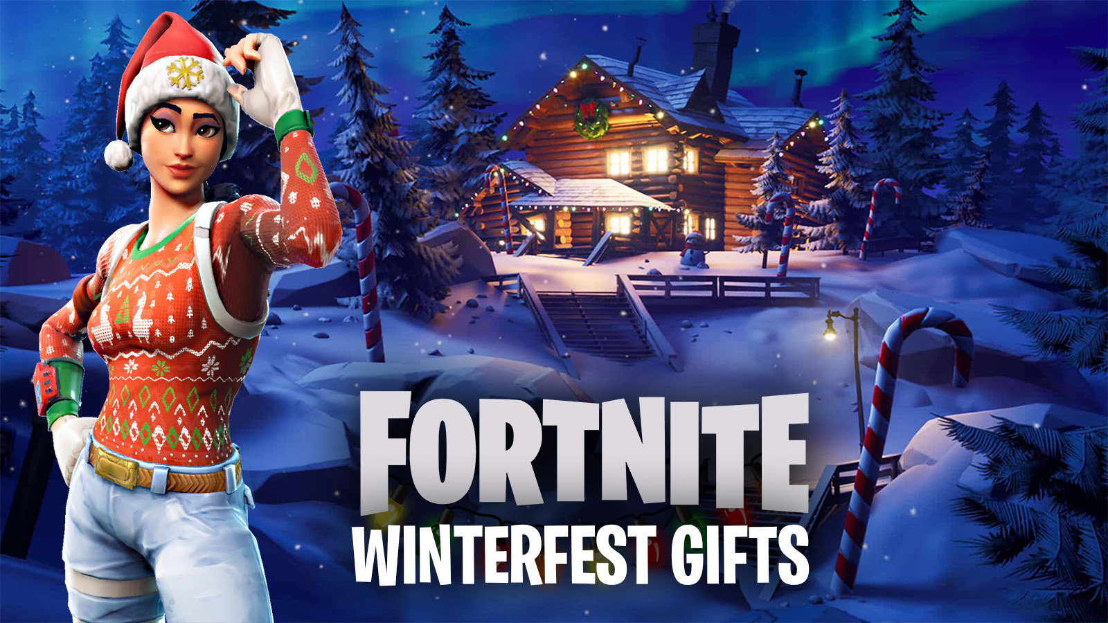 Fortnite character wearing a Christmas jumper standing in front of a snow-covered log cabin.