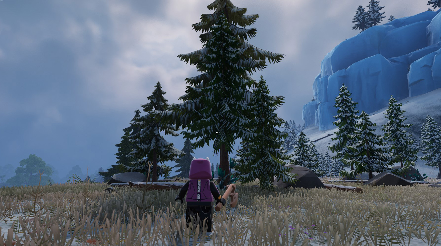 A LEGO Fortnite player holding an Epic Forest Axe in front of a Frostpine tree.