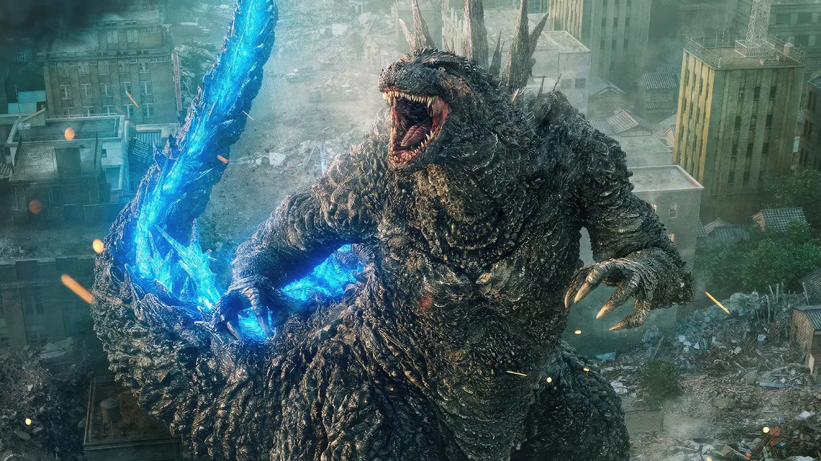 Godzilla crushing buildings in a movie poster.