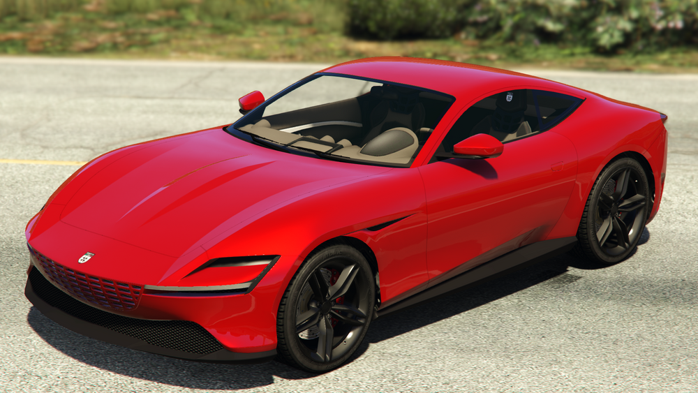 A red Grotti Itali GTO Stinger TT sitting on a tarmac road with grass and bushes behind it. 