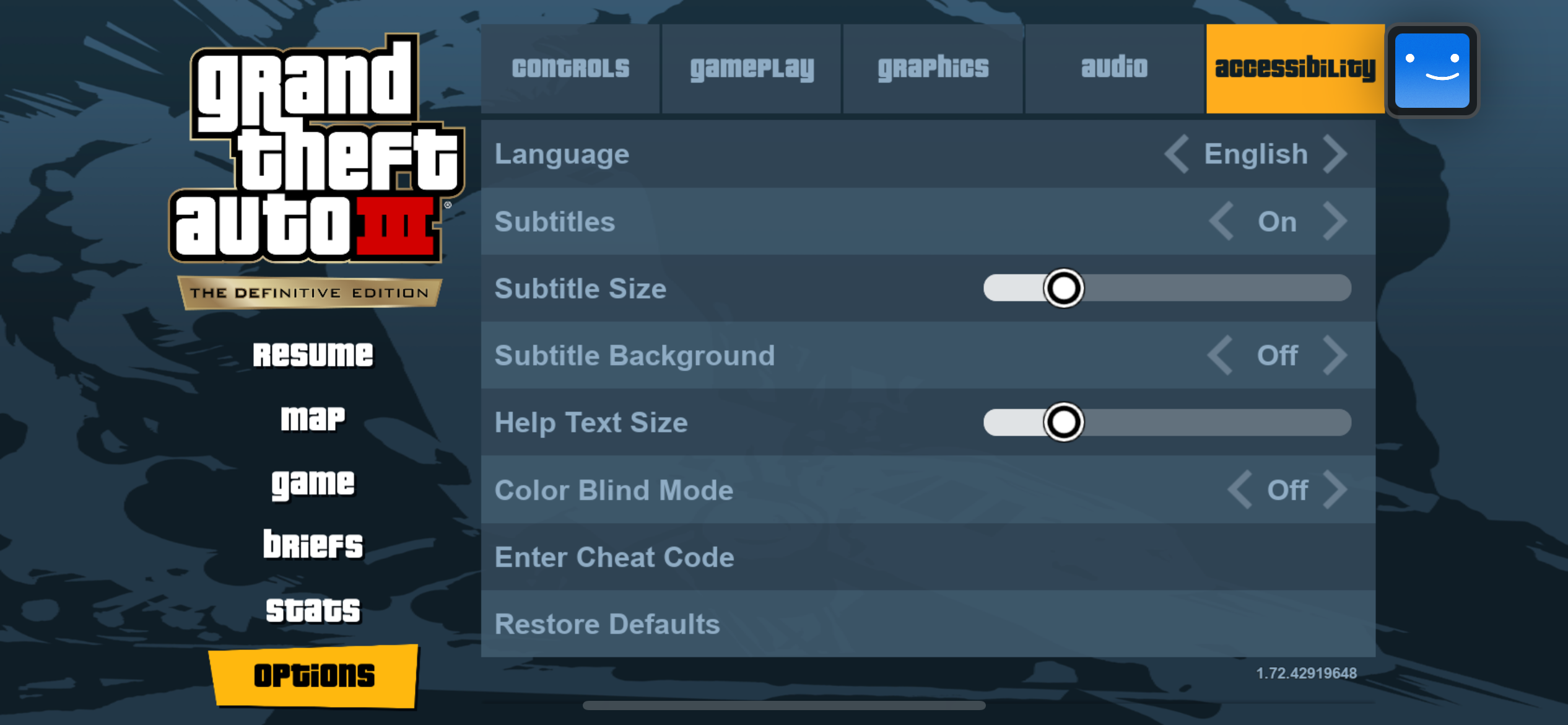 GTA 3's settings, with the Cheats menu in the Accessibility section. 