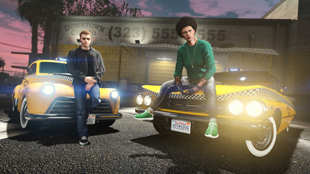 Two GTA online characters sitting on yellow cabs. 