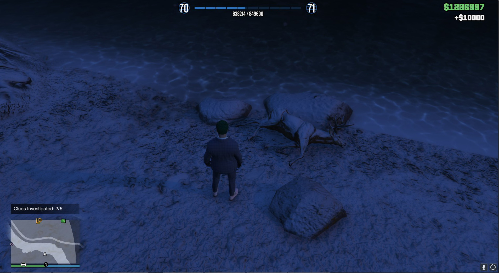 A GTA Online character, with green hair and a blue suit, standing over a dead deer. The deer is beside the river, against some rocks.