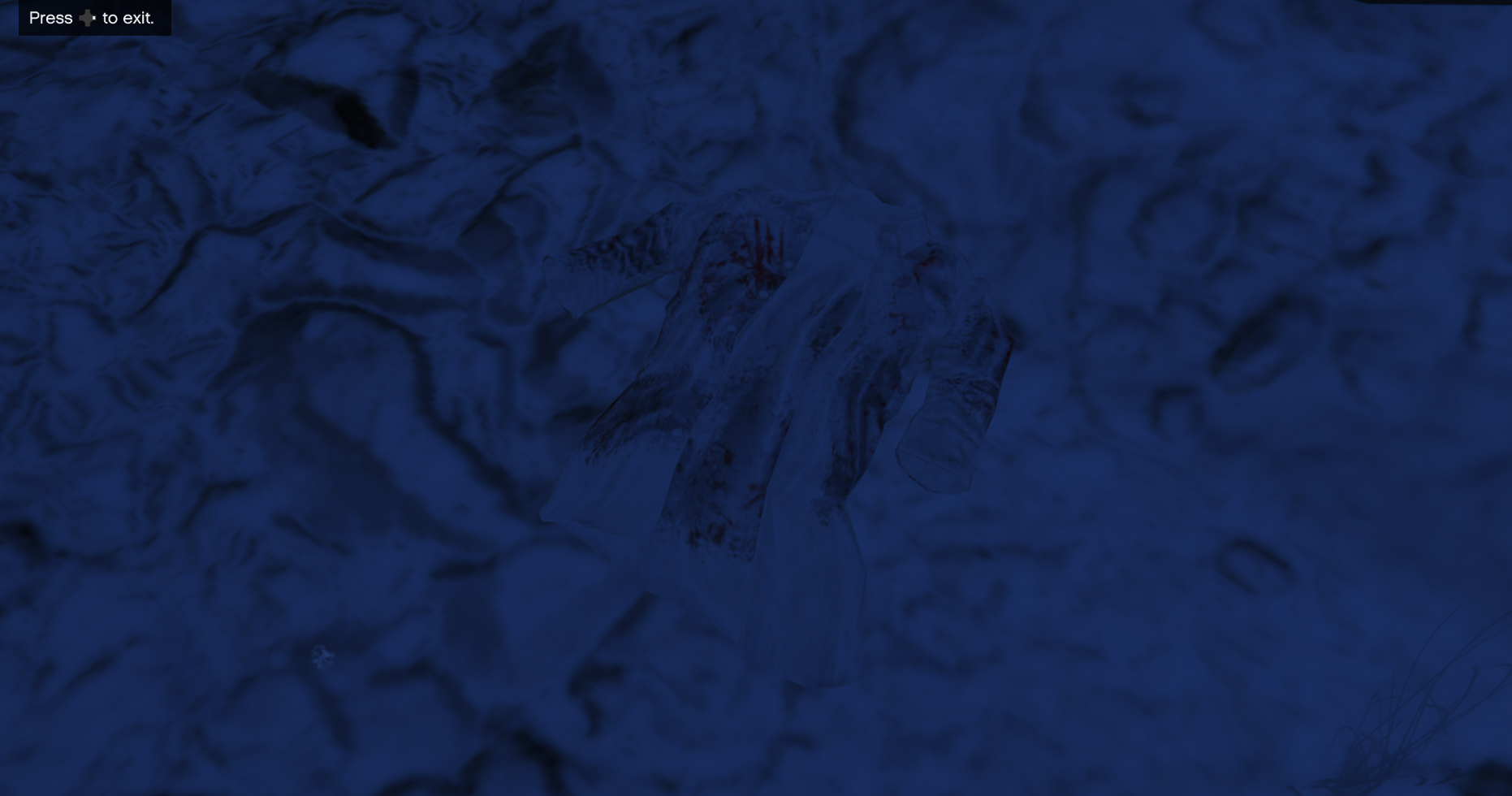 A white shirt, with blood and dirt on it, lying on snow covered ground in GTA Online.