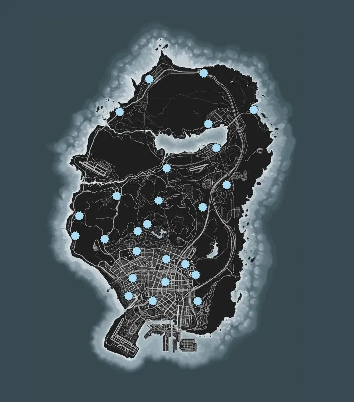 A map of San Andreas County in GTA Online, showing the locations of every snowman marked by a snowflake.